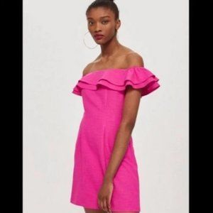 NWT - TOPSHOP Hot Pink Ruffle Off-The-Shoulder Mini Party Dress - Size 8